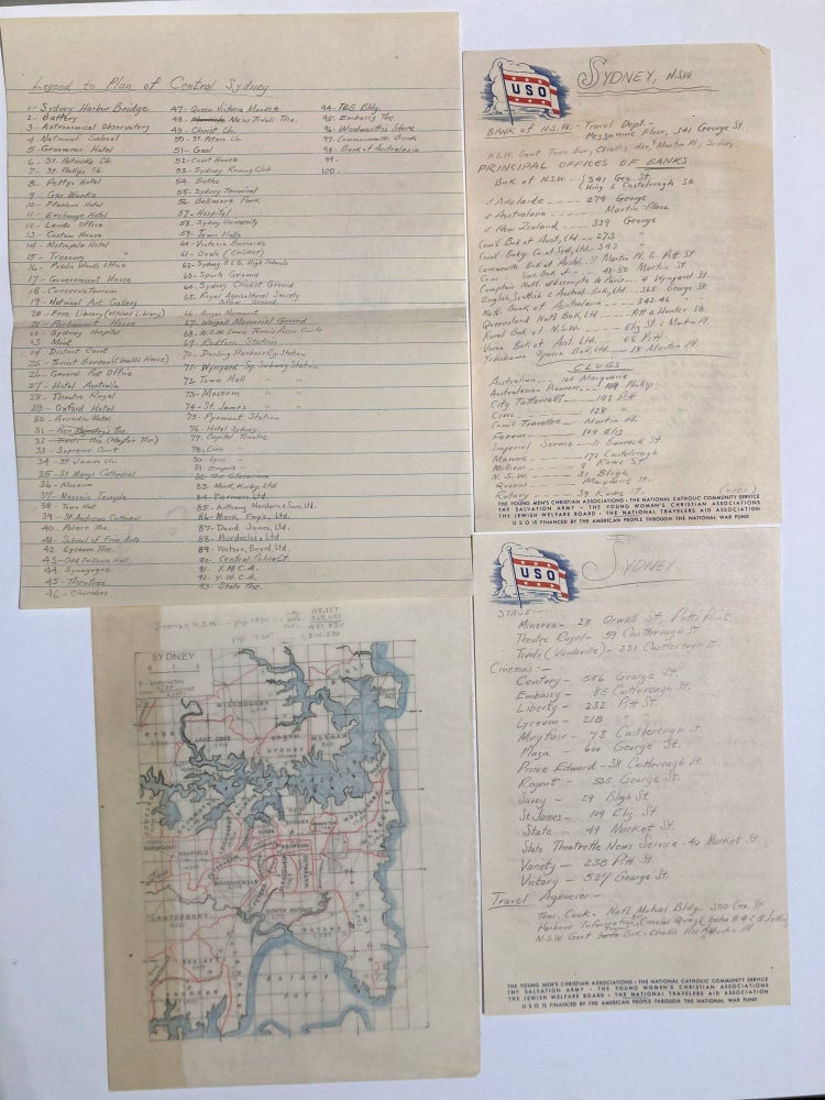 Item #26963 Hand-drawn maps of Sydney & Melbourne, by a USO employee during the 1940s.