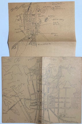 Hand-drawn maps of Sydney & Melbourne, by a USO employee during the 1940s.