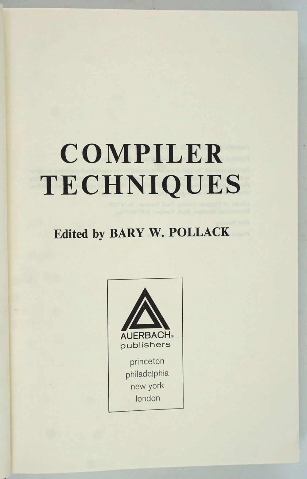Compiler Techniques, Fran Allen's copy | Bary W. Pollack | First printing