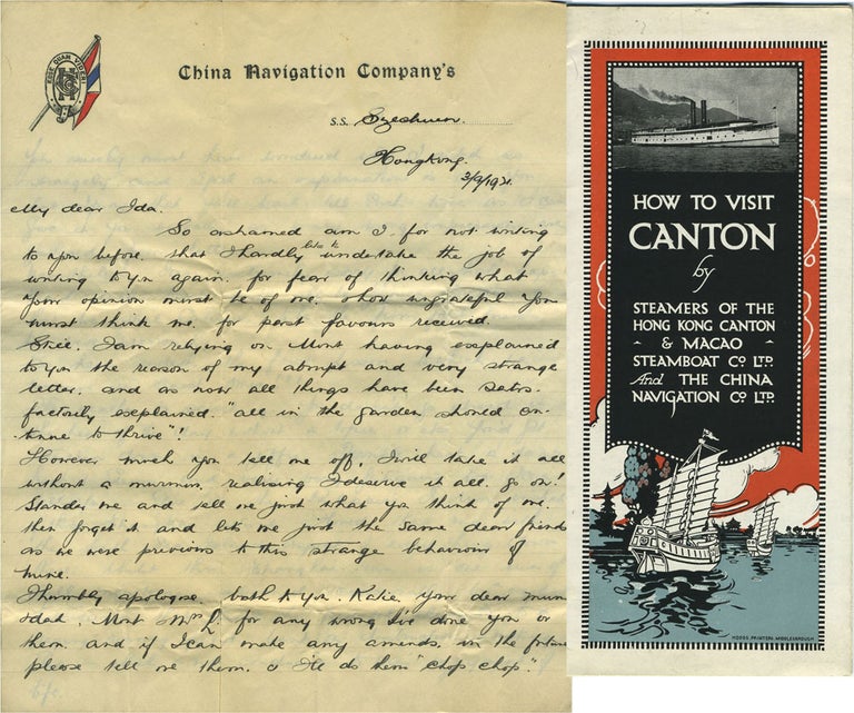 Item #27095 ALS letter written on the S.S. Szechuan on China Navigation letterhead [with] How to Visit Canton by Steamer of the Hong Kong Canton & Macao Steamboat Co. Ltd. and the China Navigation Co. Ltd. Canton China, Hong Kong Canton, Macao Steamboat Co. Ltd.