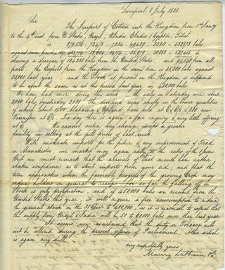 Item #27097 Commercial trade report of Cotton through Liverpool, UK. Printed letter and...