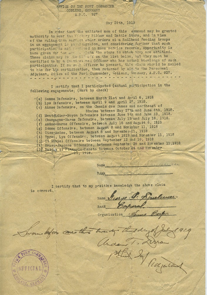 Item #27106 W.W.I Official documentation allowing Corporal George Spielman to wear Victory Ribbon and Battle Stars for his participation in the Somme Defensive, Champagne-Marne Defensive, Ypres, Lys Offensive. W W. I., George Spielman.