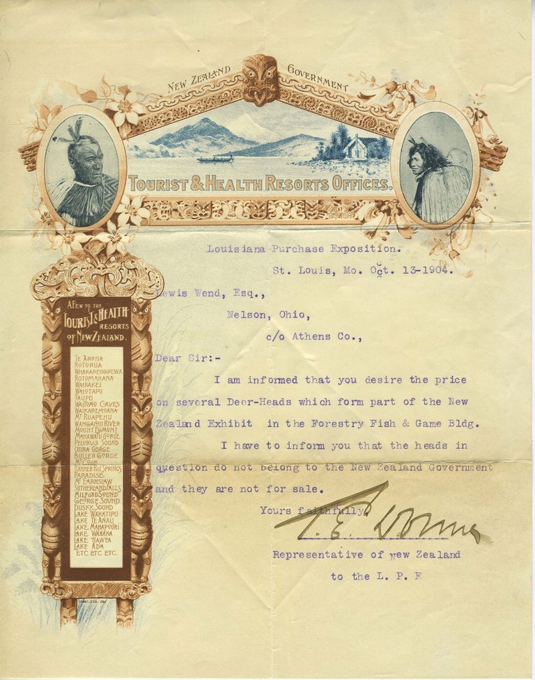 Item #27255 New Zealand Tourist & Health Resorts Offices, letter concerning deer heads exhibited at the Louisiana Purchase Exposition. Exposition, Louisiana, T. E. Donne.
