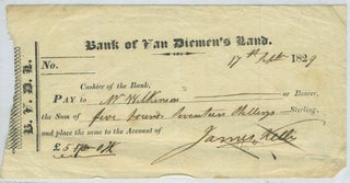 Item #27271 Bank Check from the Bank of Van Diemen's Land. Tasmania, James Kelly