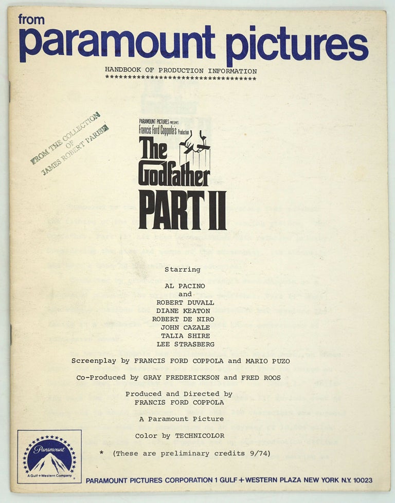 Item #27323 The Godfather Part II. Original Production Handbook. Francis Ford Coppola, Mario Puzo.