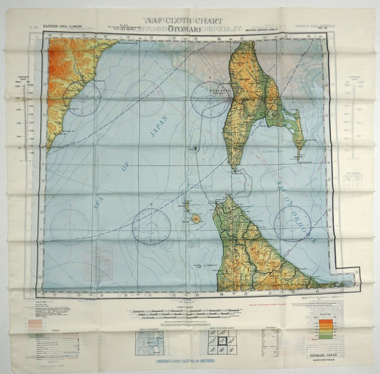 Item #27344 US Army Air Force cloth map, No. NL 54, Otomari, Japan and Vladimiro-Aleksandrovskoye Eastern Asia; No. NK 53, "AAF Cloth Chart" W W. I. I., Japan, U S. S. R., Aviation.