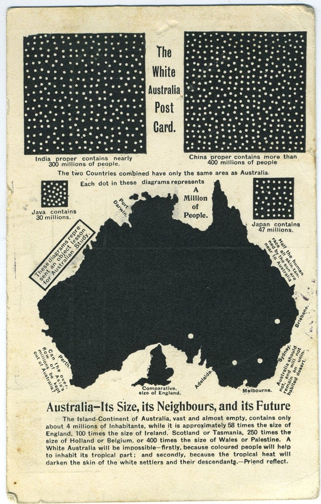 Item #27362 The White Australia Post Card. Australia - Its Size, its Neighbours, and its Future. Lilliputian Opera Company, Melbourne.