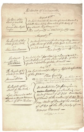 Item #27371 Kalender of Criminals for August 6th, 7th and 8th, in Albany, NY. Crime, 18th century...
