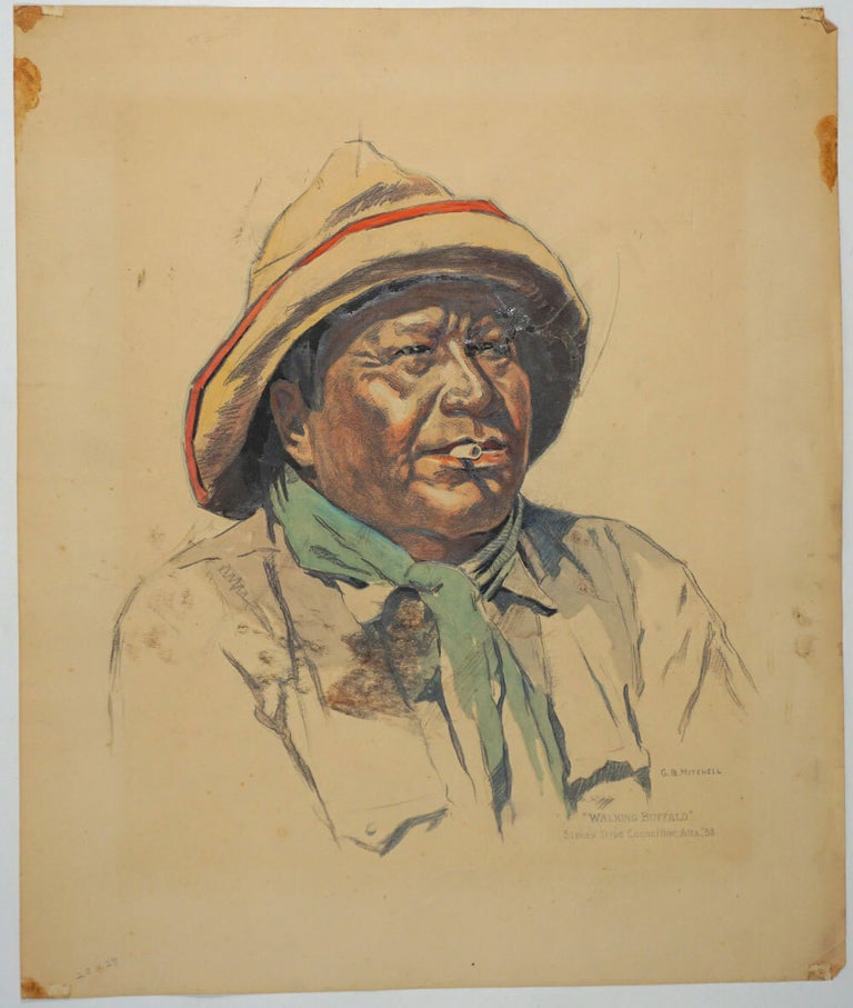 Item #27436 "Walking Buffalo". Stoney Tribe Councillor, Alta, '38. G. B Mitchell, Tatanga Mani, American.