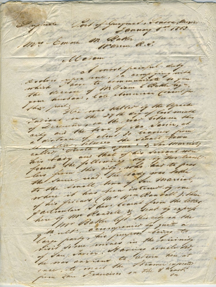 Item #27440 Manuscript letter describing murder of U.S. Consul W.L. Baker of Guaymas, Mexico. Thomas Robinson.