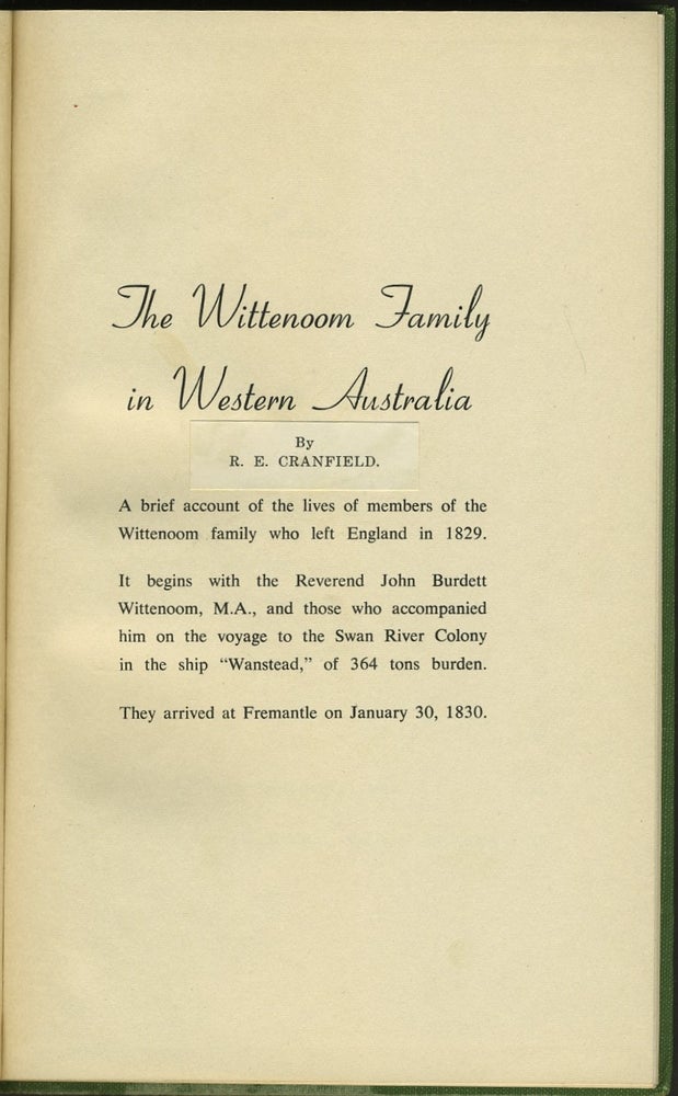 Item #27498 The Wittenoom Family in Western Australia. R. E. Cranfield.