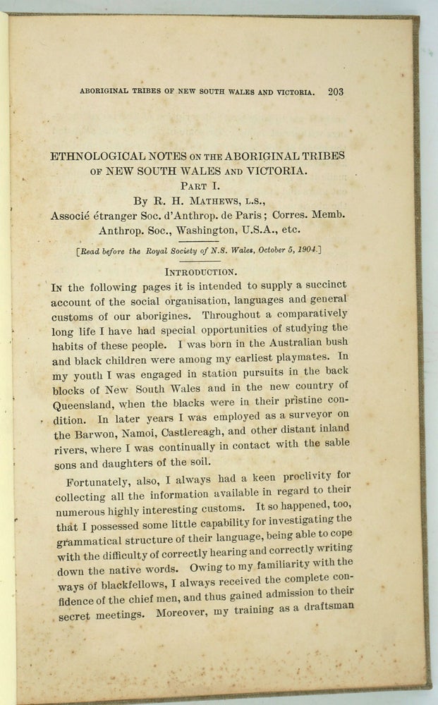 Item #27501 Ethnological notes on the Aboriginal Tribes of New South Wales and Victoria. Part 1. R. H. Mathews.