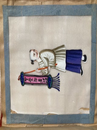 Chinese pith paintings in a small silk covered album, 12 paintings.