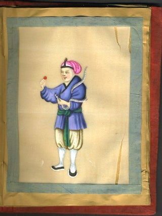 Chinese pith paintings in a small silk covered album, 12 paintings.