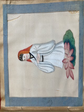 Chinese pith paintings in a small silk covered album, 12 paintings.