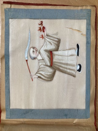 Chinese pith paintings in a small silk covered album, 12 paintings.