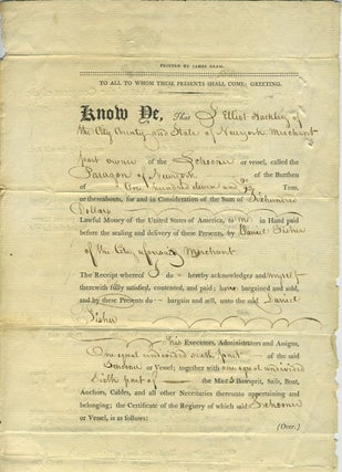 Item #27671 Bill of sale for Schooner 'Paragon of New York' and registration document for the...
