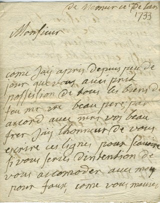 Item #27715 ALS from Mme Douglas to "Monsieur" dated Namur (Belgium) 1733 concerning his support...
