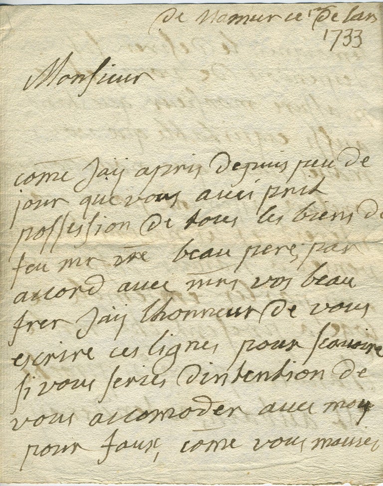 Item #27715 ALS from Mme Douglas to "Monsieur" dated Namur (Belgium) 1733 concerning his support for her in her legal difficulties. Crime, 18th century hanging.