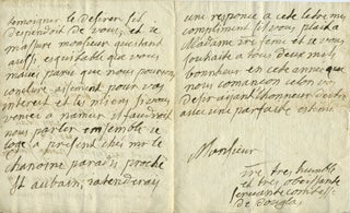 ALS from Mme Douglas to "Monsieur" dated Namur (Belgium) 1733 concerning his support for her in her legal difficulties.
