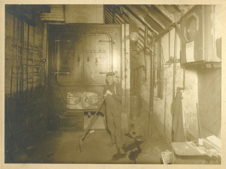 Item #27779 Furnace made by John E. Collins, Amsterdam NY, photo on card. Photograph, New York State.