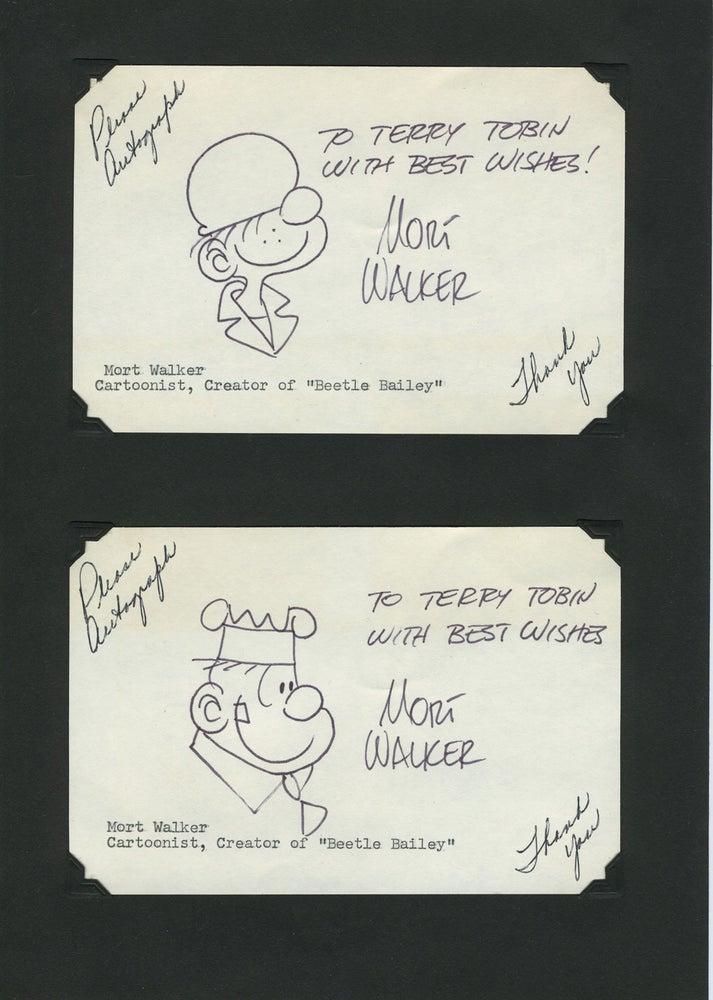 Item #27895 Autograph of Mort Walker, creator of "Beetle Bailey" comic strip, on two original drawings. Mort Walker.