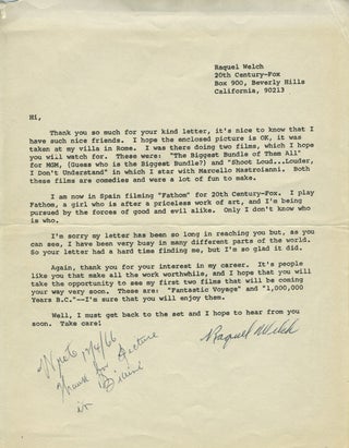 Item #27898 Raquel Welch, two SIGNED letters. Raquel Welch