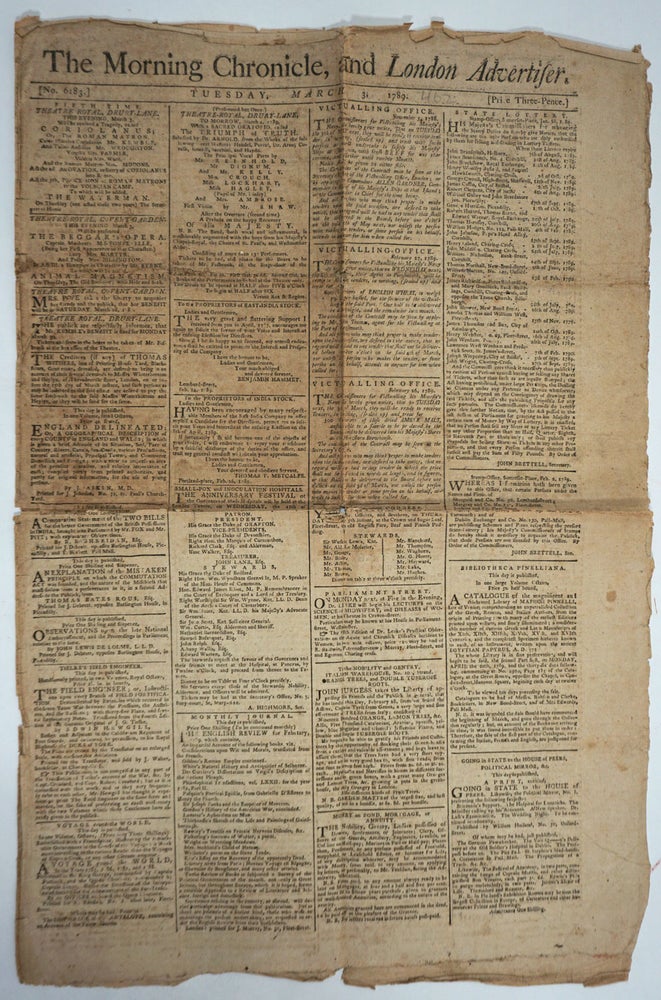 Item #27977 Advertisement for 'Voyage round-the World in the years 1785, 1786, 1787, 1788,' in The Morning Chronicle March 3, 1789, No 6183. Capt Portlock, Captain James Cook.
