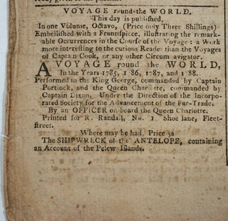 Advertisement for 'Voyage round-the World in the years 1785, 1786, 1787, 1788,' in The Morning Chronicle March 3, 1789, No 6183.