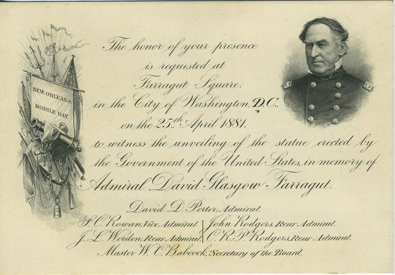 Item #28043 Invitation card to the unveiling of Admiral David Glasgow Farragut statue in Washington D.C. U S. Navy, Bank Note Engraving.