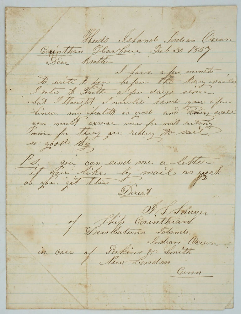 Item #28136 Manuscript letter from Jacob Small Sawyer of Maine, a sealer on Heard Island in 1857. Antarctic, Heard Island.