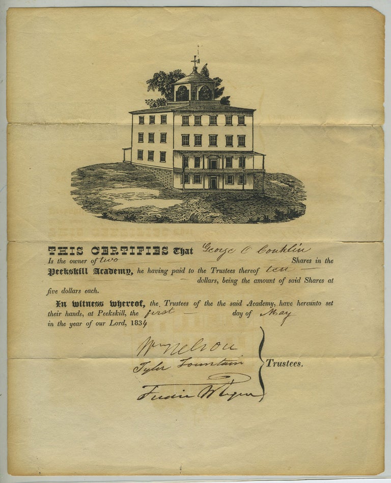 Item #28277 Illustrated stock certificate for the Peekskill Academy 1834. Peekskill Military Academy.