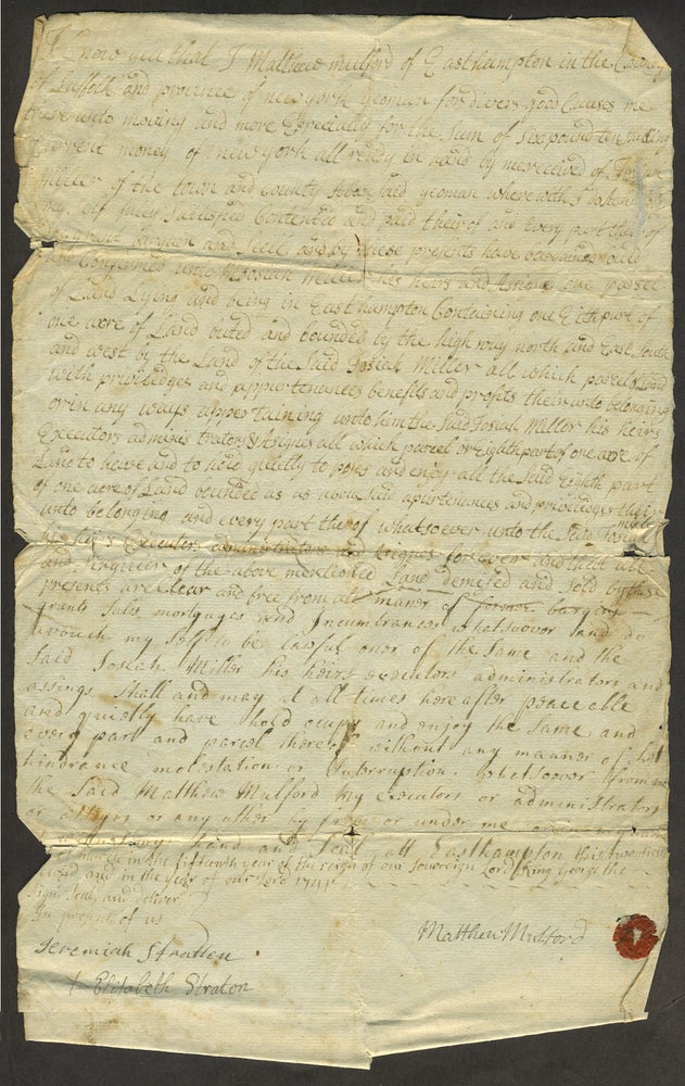 Item #28284 Deed of Land Transfer to Josiah Miller. Long Island Easthampton, Matthew Mulford.