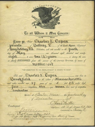 Item #28421 Charles E. Capen, discharge papers. Spanish American War, Military
