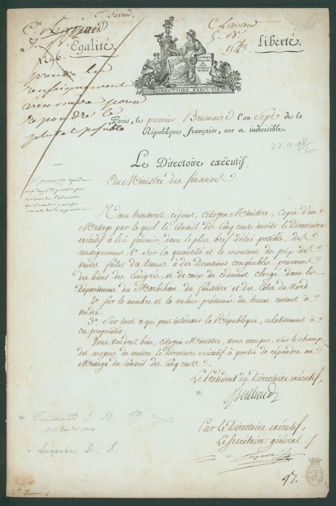 Item #29412 French document to Dominique Vincent Ramel-Nogaret Minister of Finance, signed on letterhead. Jean Baptiste Treilhard.