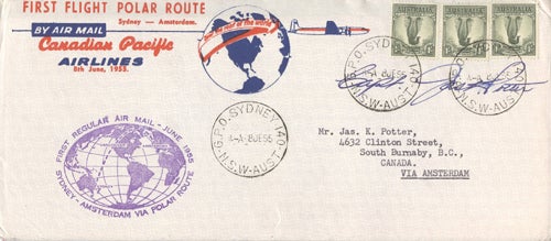 Item #5073 First Flight Polar Route. Sydney - Amsterdam By Air Mail. Canadian Pacific Airlines.