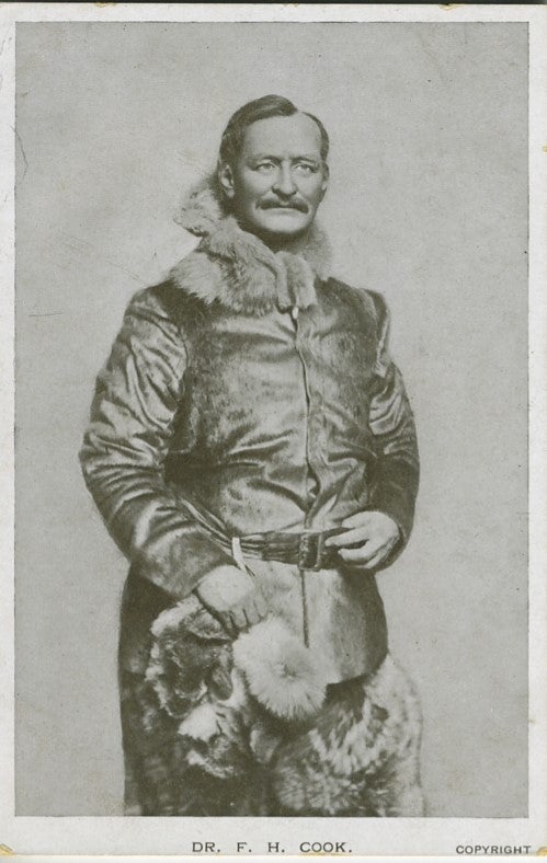 Item #5135 Portrait of Cook in sealskins. Dr. F. H. Postcard. Cook.