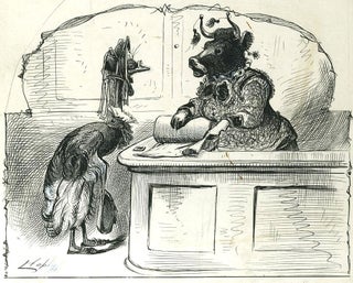 Item #5258 "A Lost Art". Original pen sketch of an emu and a cow dressed as women in Victorian...