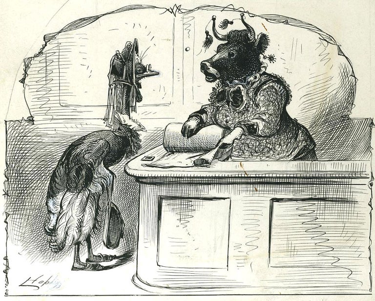 Item #5258 "A Lost Art". Original pen sketch of an emu and a cow dressed as women in Victorian dress. Livingston Hopkins.