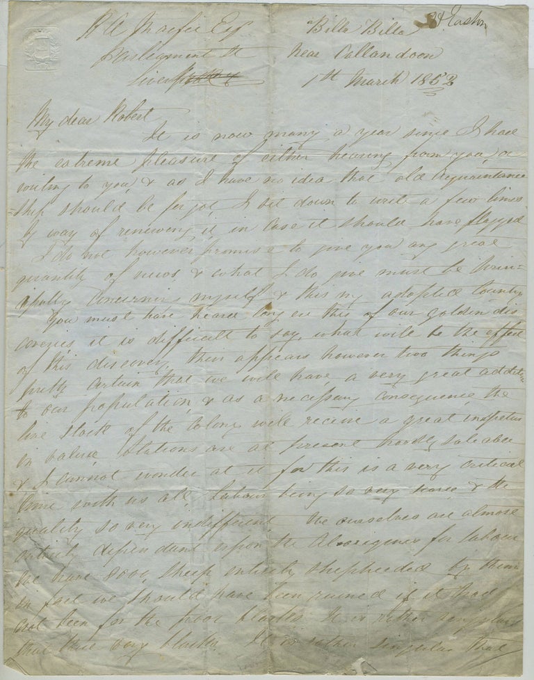 Item #530 Autograph letter from Mr. H. Easton, Billa Billa, near Callandoon to Robert Andrew Macfie, discussing Darling Downs gold discoveries and importance of the aboriginal work force. Queensland, Aborigines.