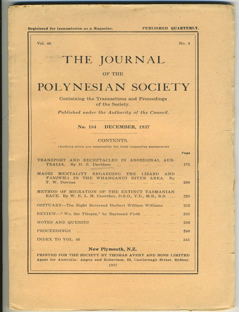 Item #5615 Transport and Receptacles in Aboriginal Australia. D. S Davidson.