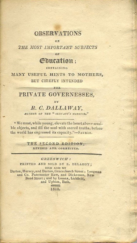 Item #6797 Observations on the Most Important Subjects of Education. R. C. Dallaway.