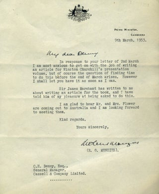 Item #8216 TLS from the Australian Prime Minister Robert Menzies, addressed by hand to "My dear...