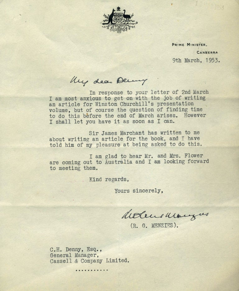 Item #8216 TLS from the Australian Prime Minister Robert Menzies, addressed by hand to "My dear Denny" Robert G. Menzies.