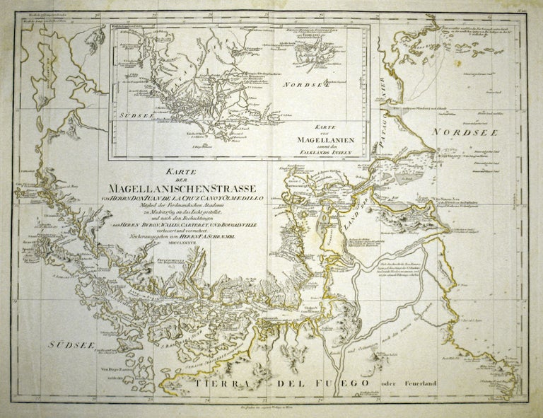 Item #8386 Karte der Magellanischen Strasse von Herrn Don Juan de la Cruz Canoy Olmedillo... und nach den Beobachtungen der Herrn Byron, Wallis, Carteret, und Bougainville. F. A. Schraembl.