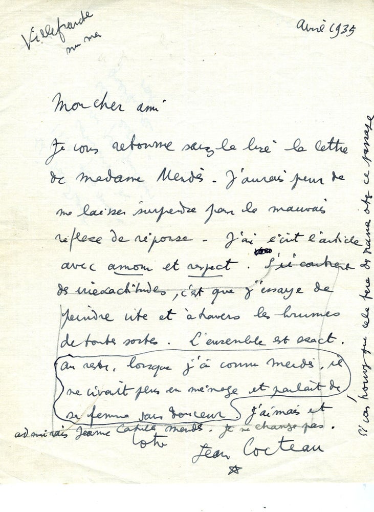 Item #8451 ALS from Cocteau, dated April 1935. Jean Cocteau.