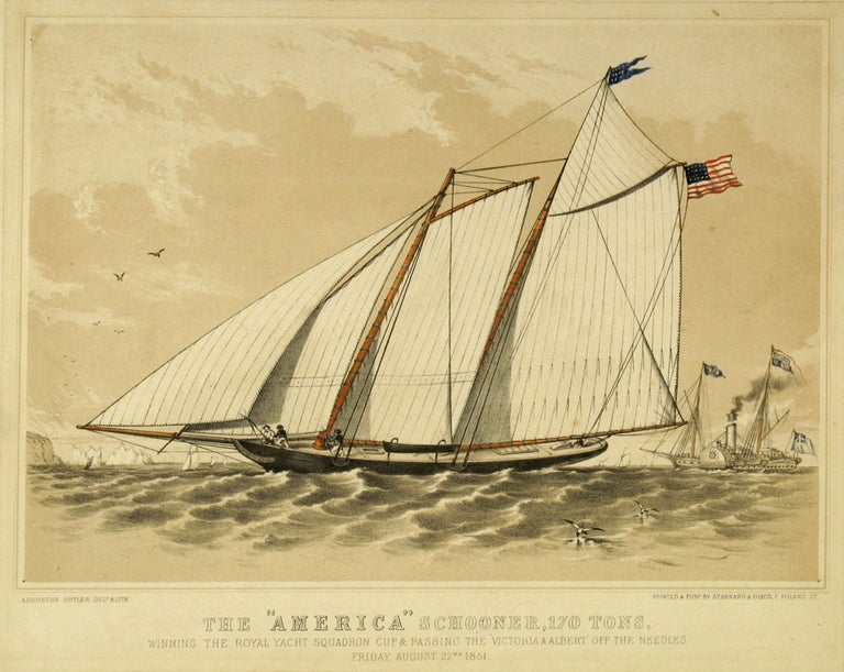 Item #8991 The " America" Schooner, 170 Tons, Winning the Royal Yacht Squadron Cup & Passing the "Victoria & Albert" Off the Needles Friday, August 22nd 1851. America's Cup, Augustus Butler.
