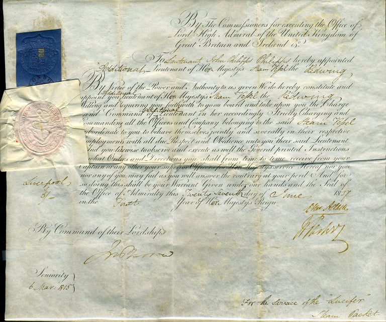 Item #9135 Naval Commission with the signatures of Sir John Barrow, and Sir Charles Adam and Sir William Parker. Sir John Barrow.